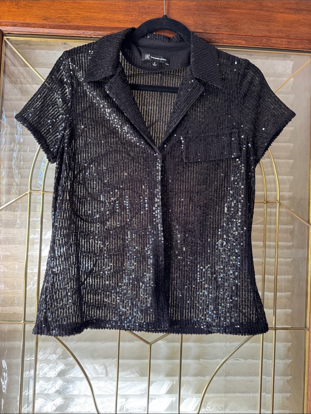 INC International Concepts Black Sequin Short-Sleeve Button-Down Shirt